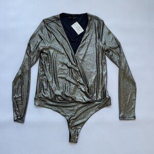 Guess Women’s Body Suit In Gunmental Metallic Long Sleeves Relax Fit Size S
